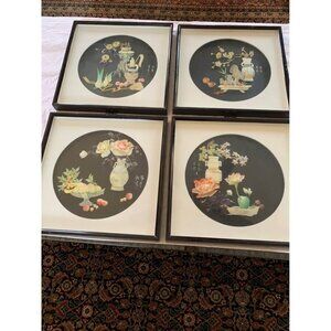 Set 4 Vintage Oriental Mother of Pearl Artwork Shadowbox wall hanging